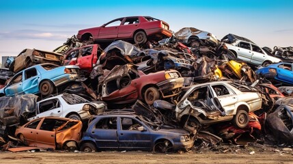 A large pile of junked cars in a scrapyard, featuring a variety of colors and models, under a clear blue sky.